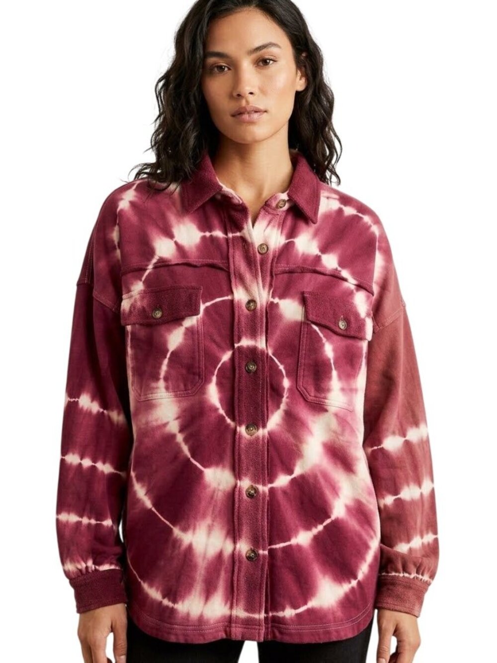 Blue Buttercup Shirt Small Tie Dye Button Front Long Sleeve Frayed Hem Maroon